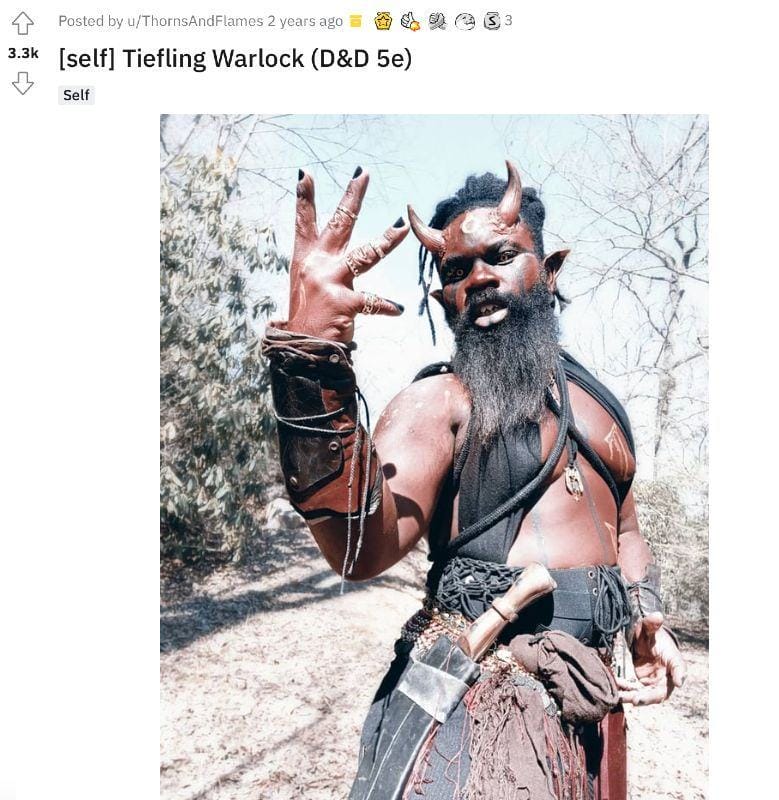 The Reddit post parodies D&D's tiefling cosplay.