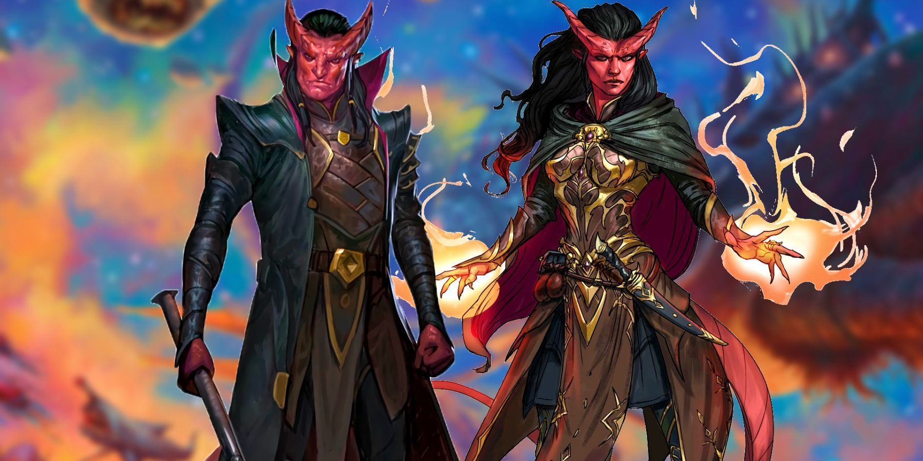 Two infernal red tieflings in front of a blurred Spelljammer background. The one on the left wields a mace in one hand, while the one on the right is conjuring fireballs in both hands.