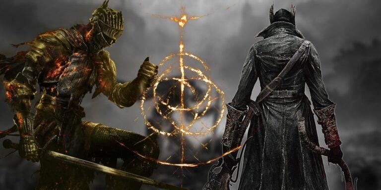 Dark Souls and Bloodborne characters overlaid with elden ring symbol