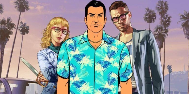 Tommy Vercetti standing in front of Jason and Lucia in GTA 6 promotional art