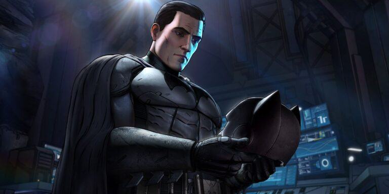 An image of Bruce Wayne looking at his cowl in Telltale's Batman game