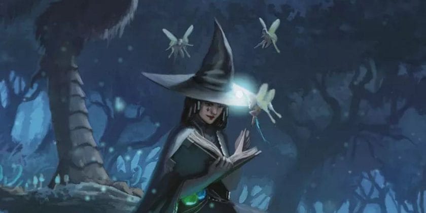 Artwork from Tasha's Cauldron of Everything, showing a caster standing with an open book, surrounded by flying fairy-like creatures in the woods.