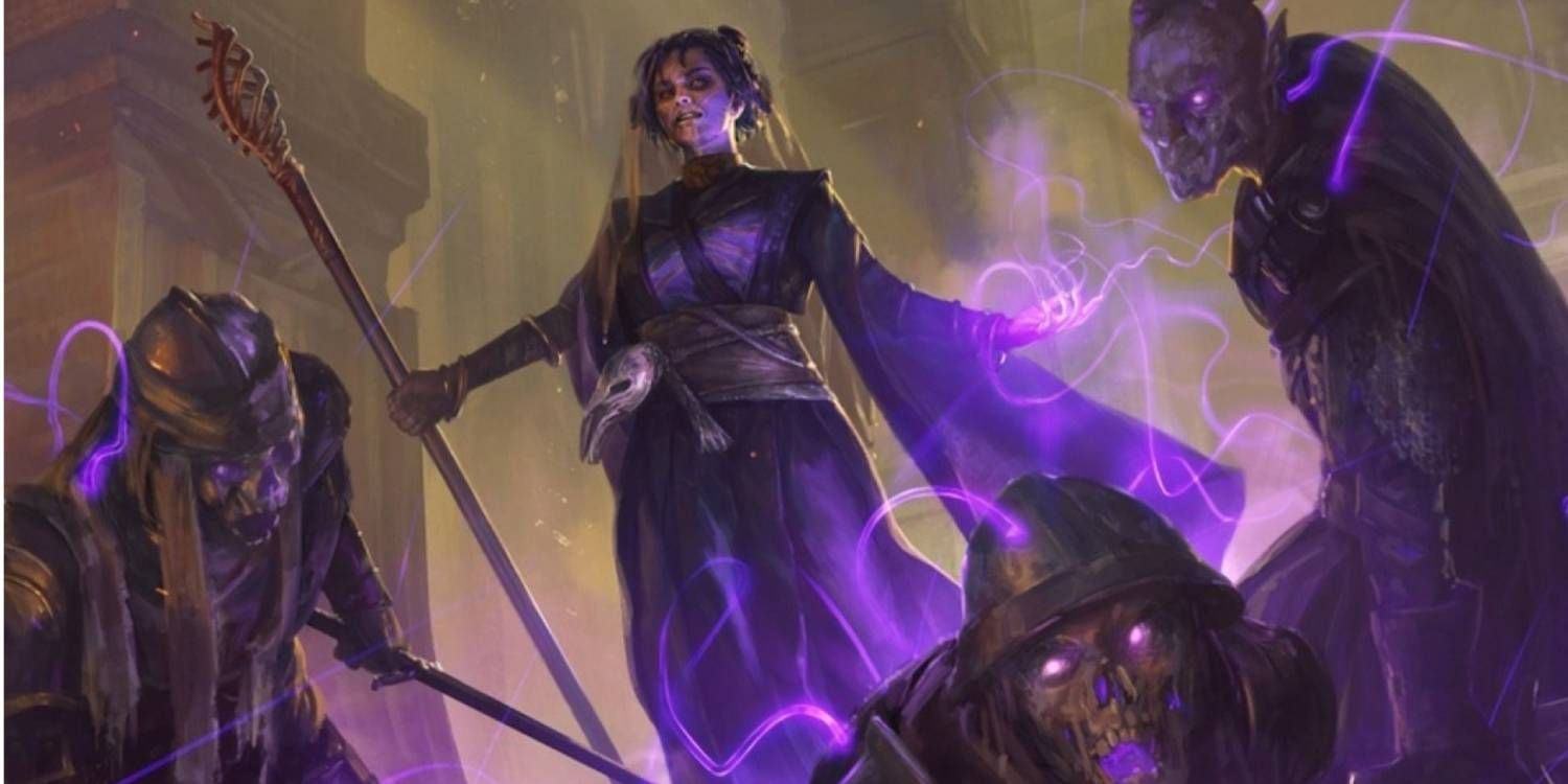 Danse Macabre card art from Magic: The Gathering, showing a necromancer and three of her undead puppets, all surrounded by glowing purple magic.