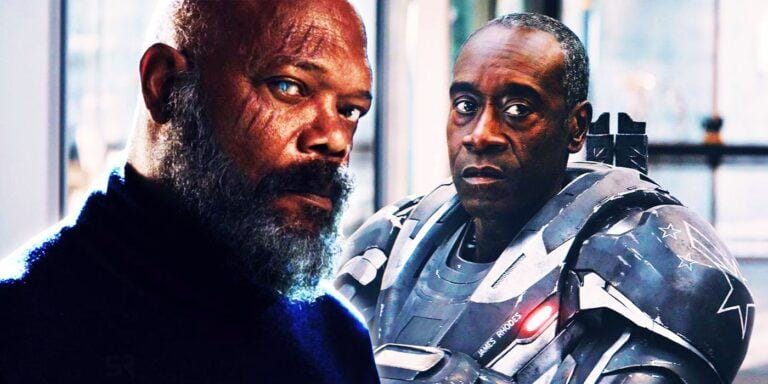 Split Image: Nick Fury (Samuel L. Jackson) promotional shot for Secret Invasion; War Machine (Don Cheadle) unmasked in Avengers: Infinity War