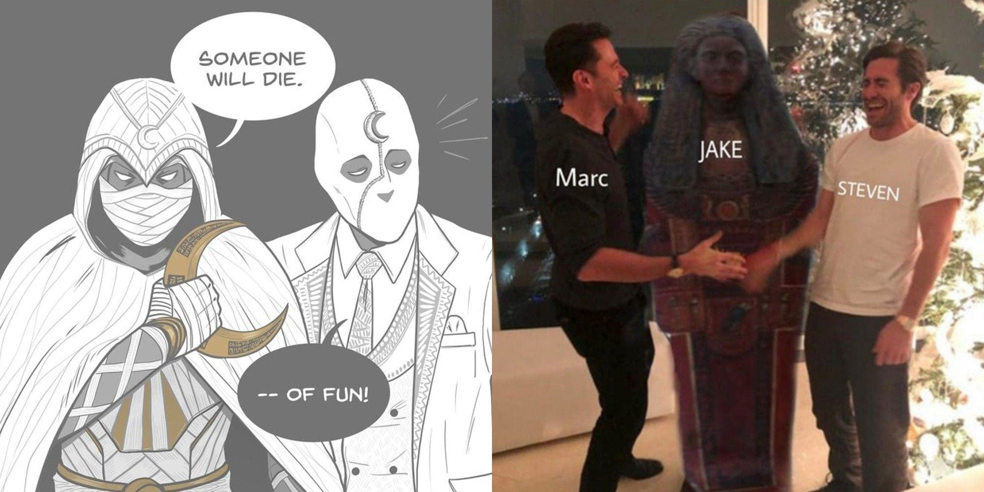 Split image of Moon Knight and Mr. Knight meme and Marc, Steven, and Jake meme