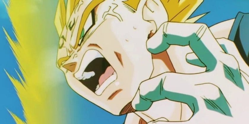Close-up of Vegeta going off in Dragon Ball.