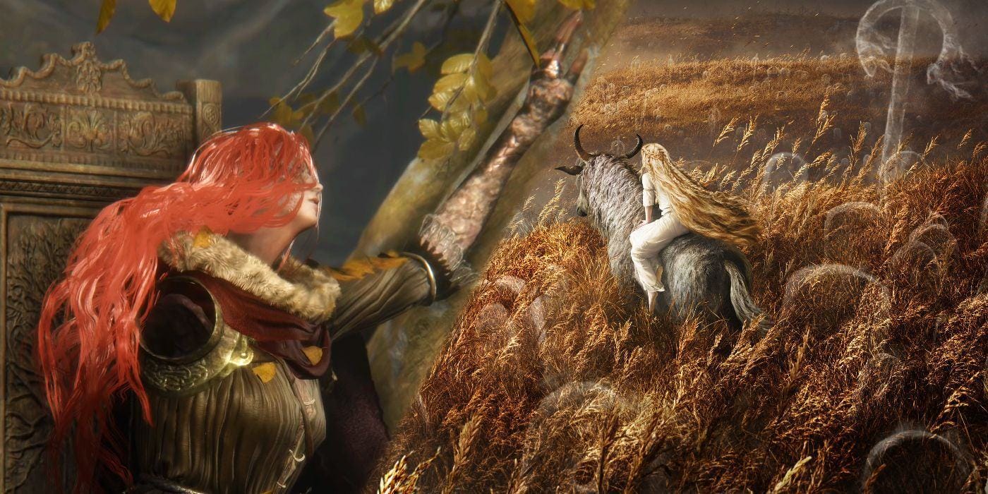A split image showing Malenia reaching up to touch the roots of the Haligtree on the left, and Miquella riding Torrent in the Elden Ring: Shadow of the Erdtree announcement artwork on the right.