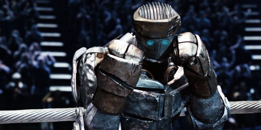 Robot named Atom in the sports drama Real Steel shows off his fighting skills in the crowd
