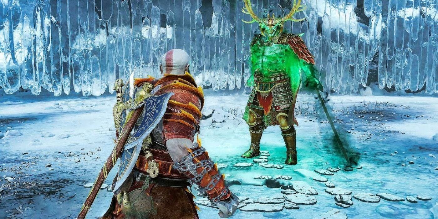 kratos preparing to fight a beserker boss in a wintery environment
