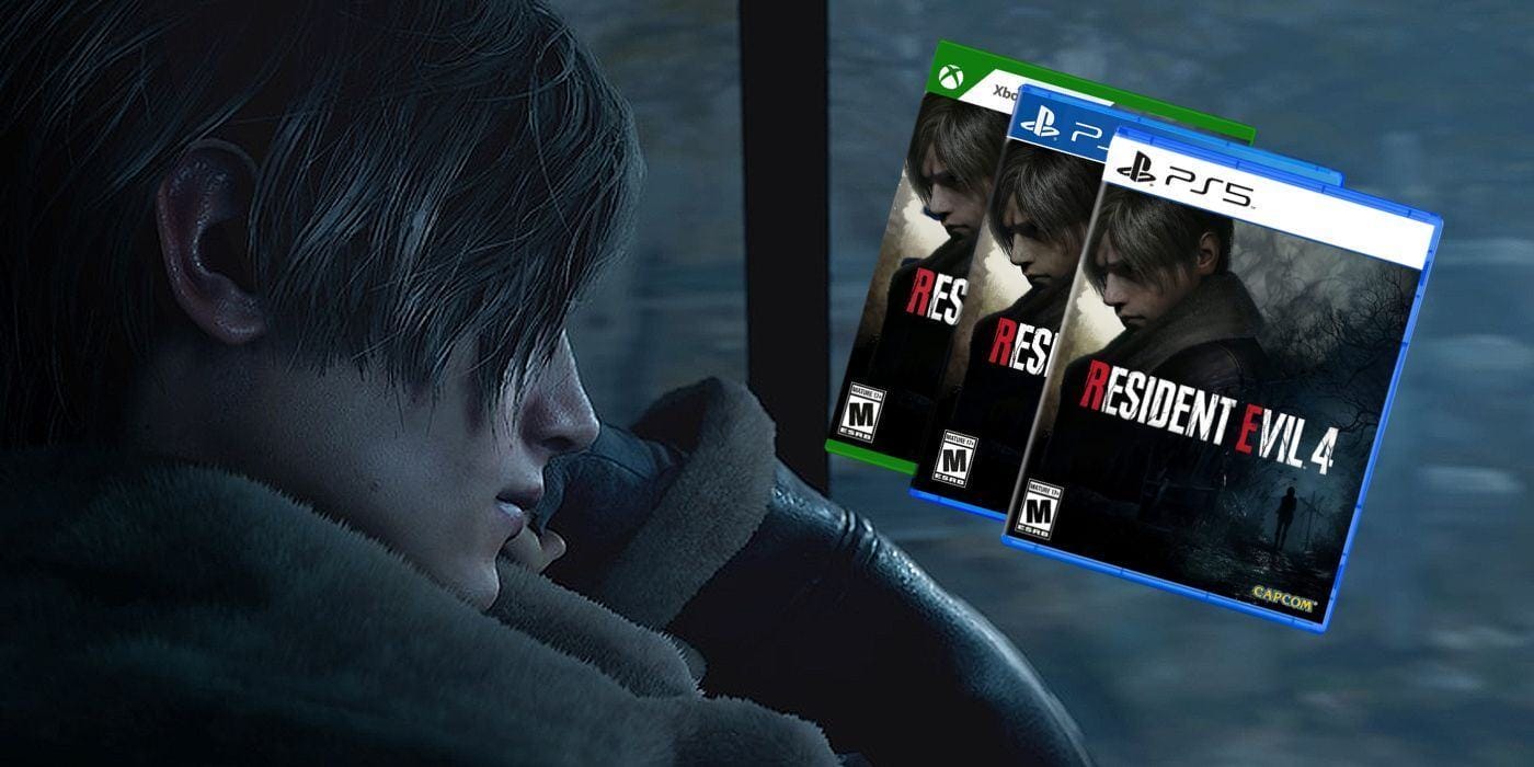 Resident Evil 4 Remake with Leon looking out a window with copies of the game superimposed outside the window