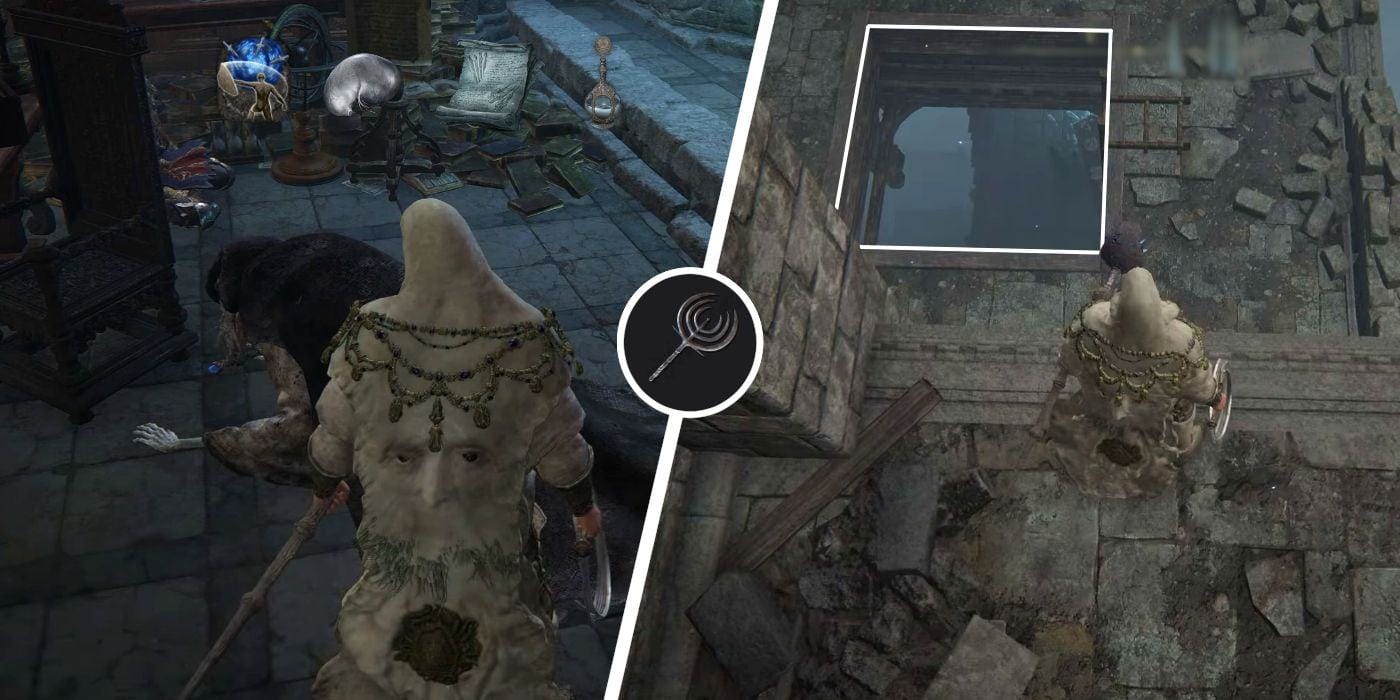 An image of an Elden Ring player standing in front of Pidia, The Carian Servant, next to another image of the same player looking down a highlighted hole.