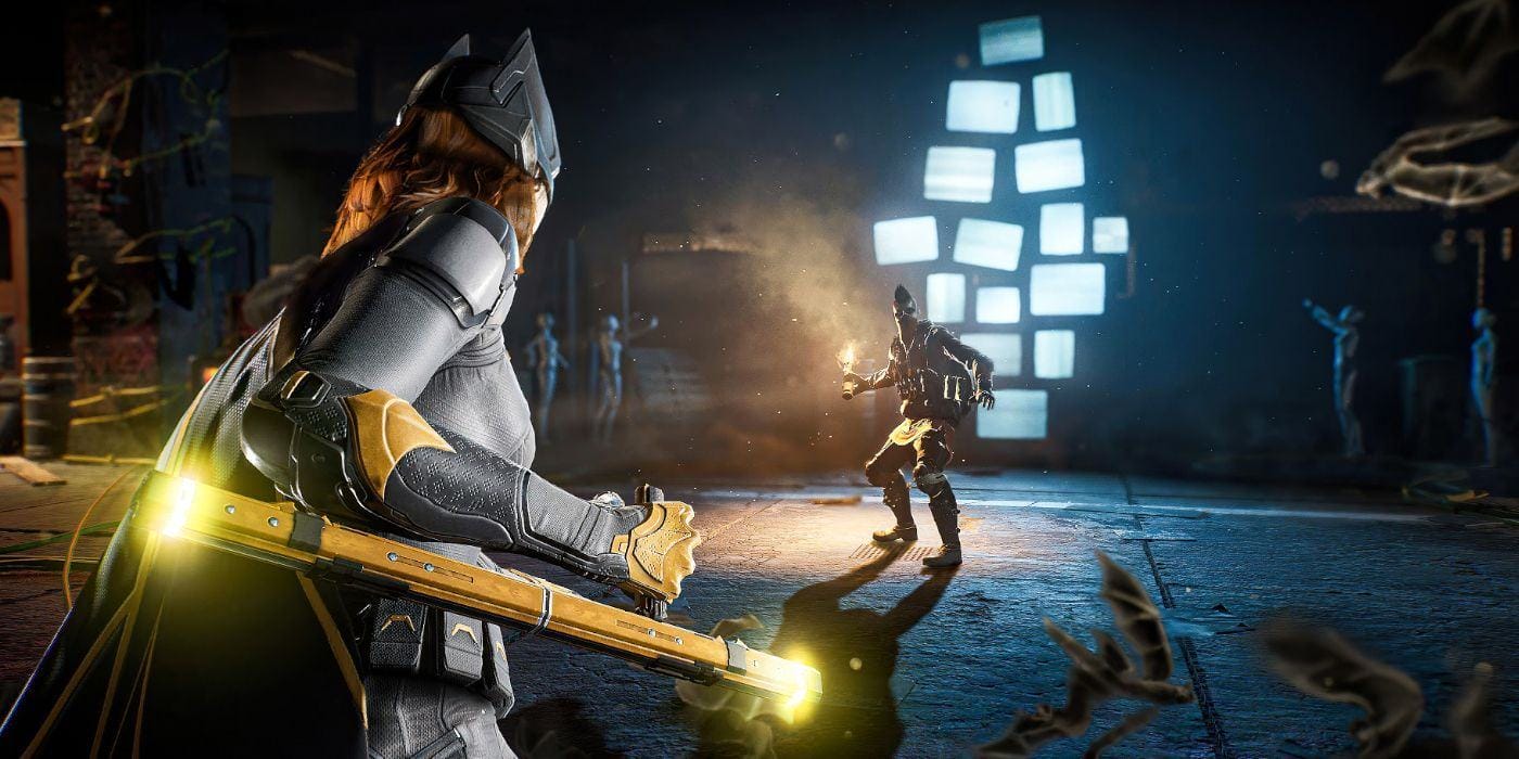 Batgirl with an Elemental Weapon In Front of an Enemy in Gotham Knights
