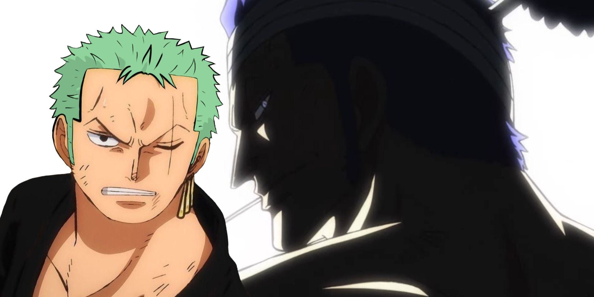 An image of what is likely an Wano relative of Zoro is seen looking over his shoulder while a white light awaits in front of them. An image of Zoro rests on the left side, looking determined towards the relative.