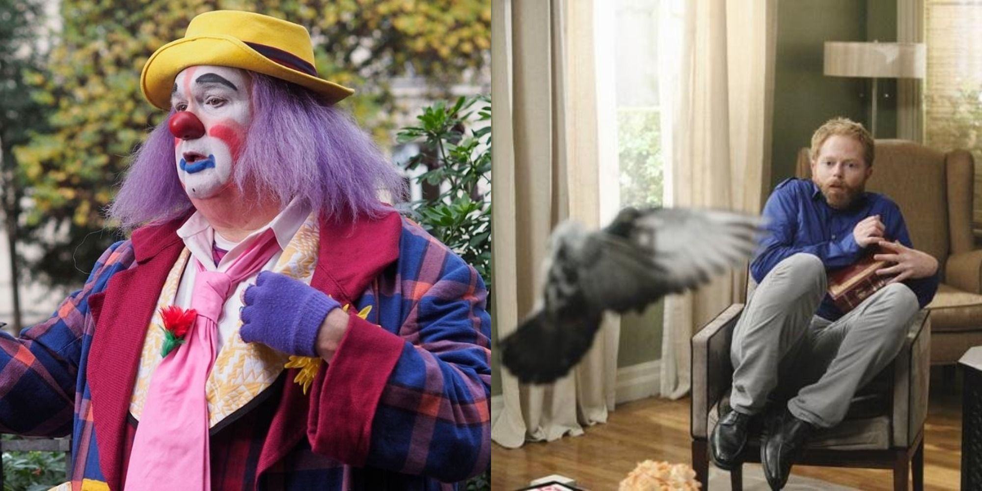 A split image of Fizbo the clown and Mitchell scared of a pigeon in Modern Family
