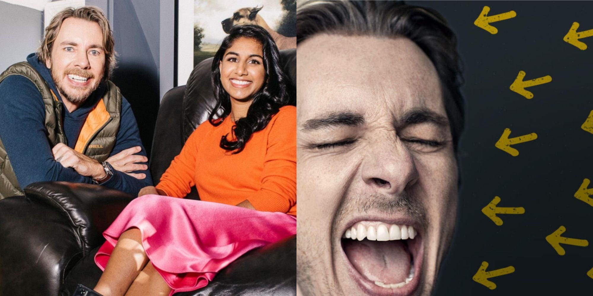 Two side by side images from Dax Shepard's Armchair Expert podcast