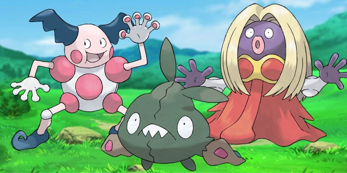 Pokémon collage image showing a Mr. Mime, Trubbish, and Jinx in a field.