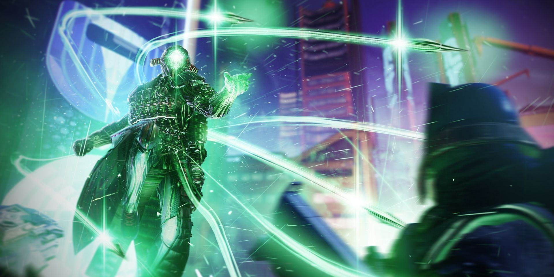 A Destiny 2 Strand Broodweaver Warlock in Lightfall armor unleashing their Needlestorm Super Ability upon a Cabal opponent, with Neomuna's landscape in the background.