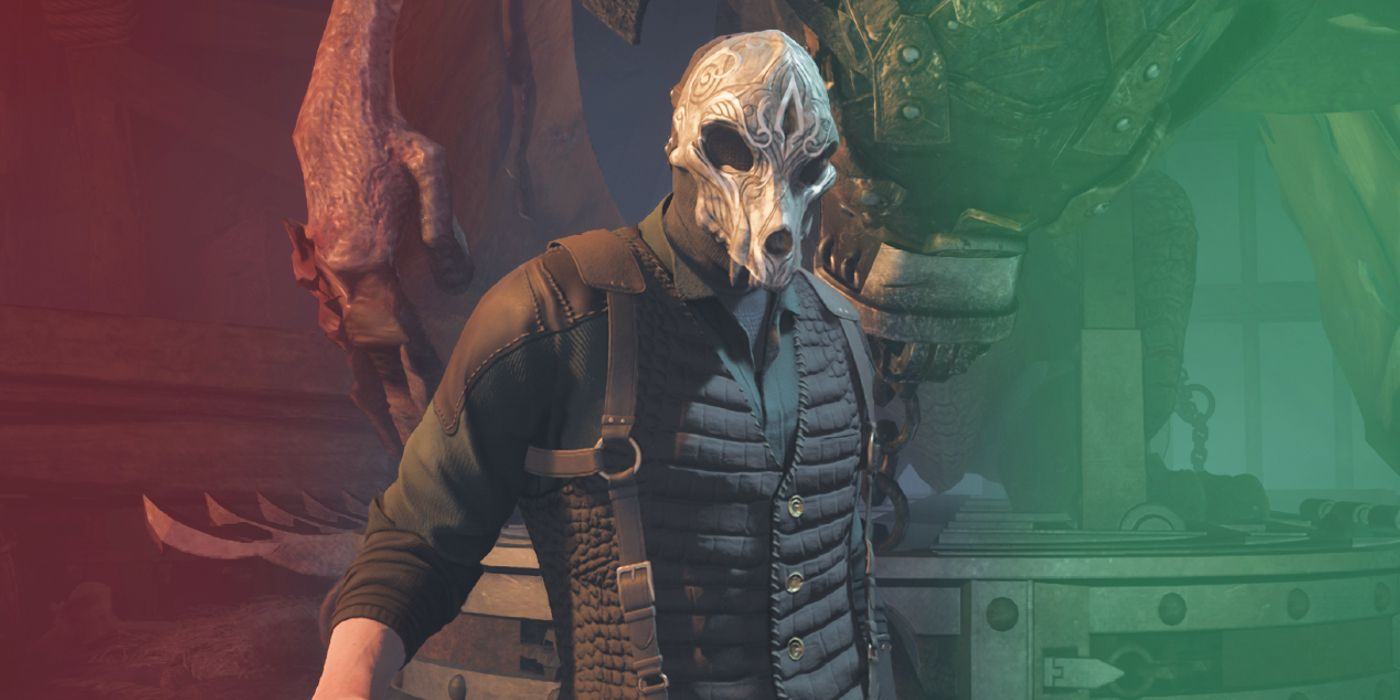 A poacher wearing a skull mask in Hogwarts Legacy, with fading red and green colors around him.