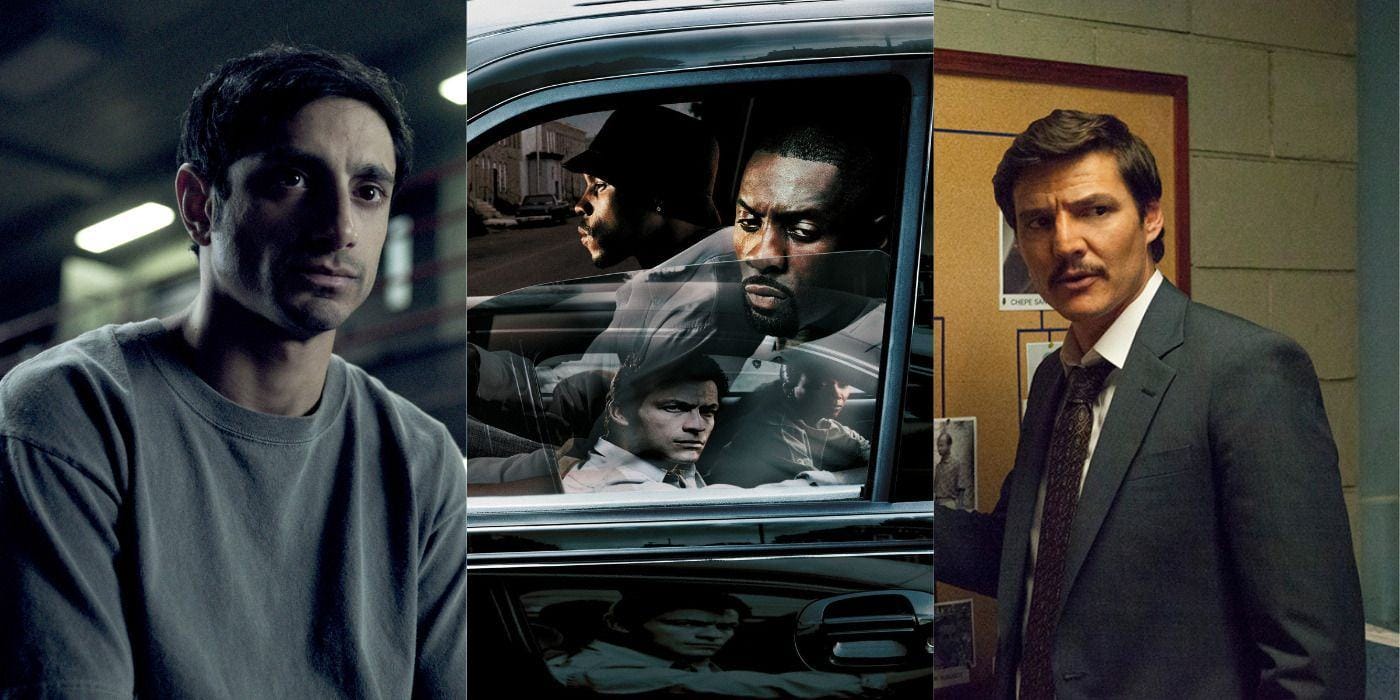 Collage of Riz Ahmed in The Night Of, Idris Elba in The Wire and Pedro Pascal in Narcos