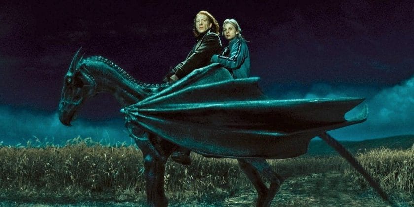 Bill and Fleur ride the Night Owl in Harry Potter
