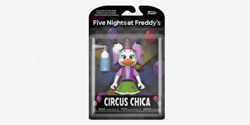 Circus Chica figurine from the FNAF Balloon Circus collection, wearing a party hat and matching mauve outfit.