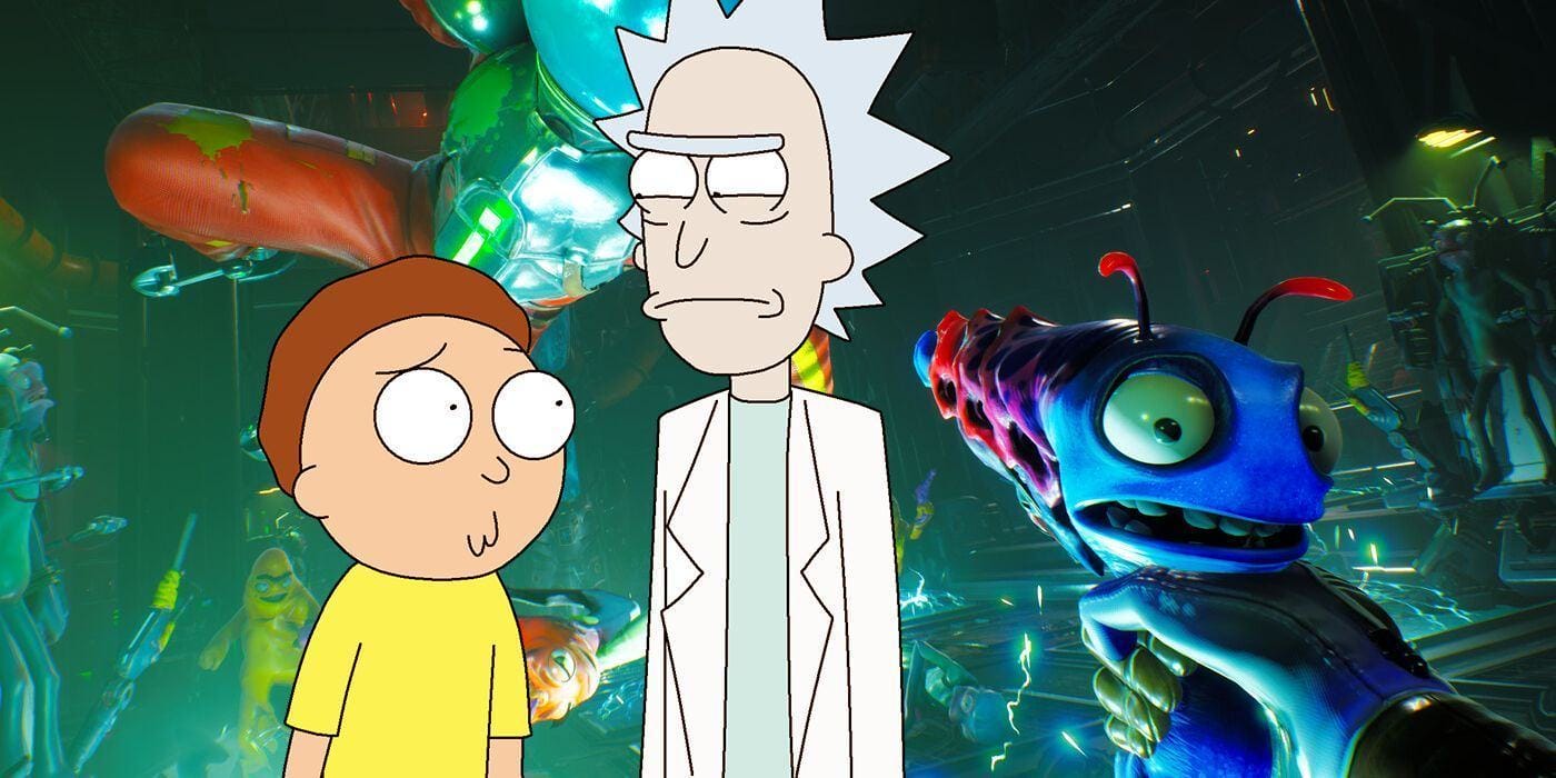 Screenshot of High on Life which shows the player character shooting at an oncoming enemy. Rick and Morty stand unamused and nervous respectively in the center of the image.