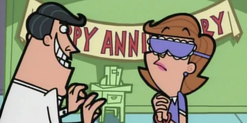 In Fairly Oddparents, Timmy's father blindfolds his wife.