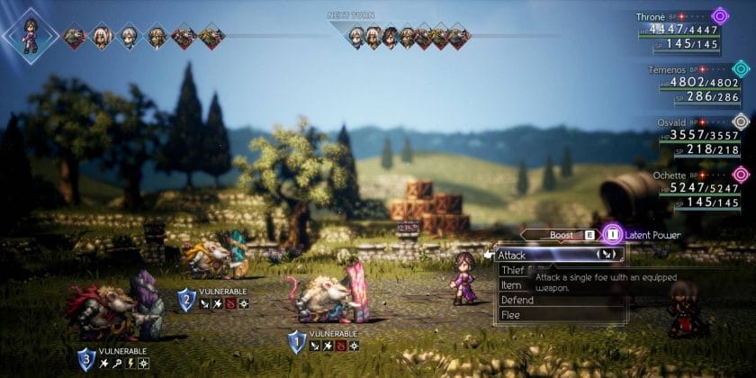 Octopath Traveler 2 Rogue of Thrones battles multiple enemies with a group including Orchet the Hunter