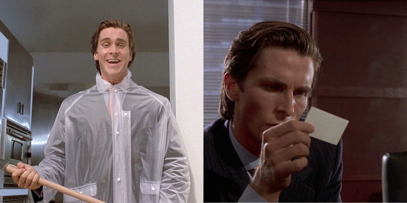 Split image of Patrick Bateman with an ax and looking at a business card in American Psycho