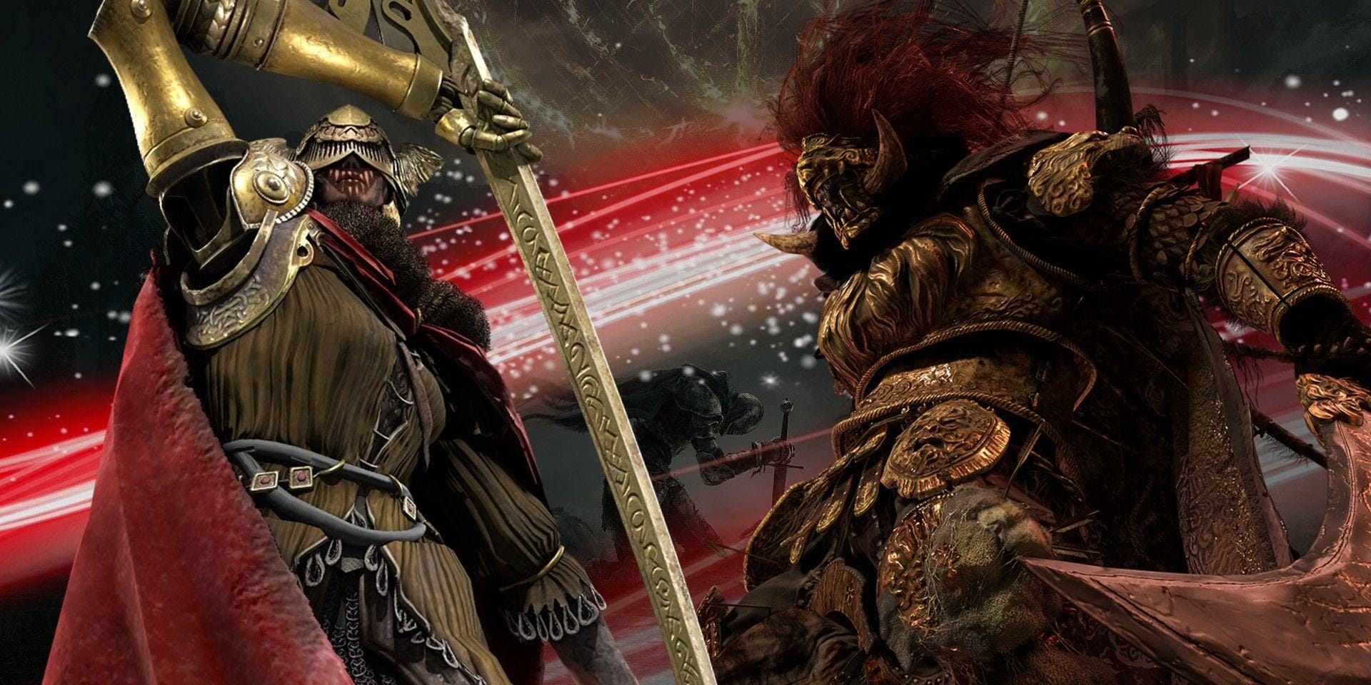 Elden Ring bosses Malenia and Radahn backed by a swirling red background, all in front of a dimmed close-up of the game's cover art.