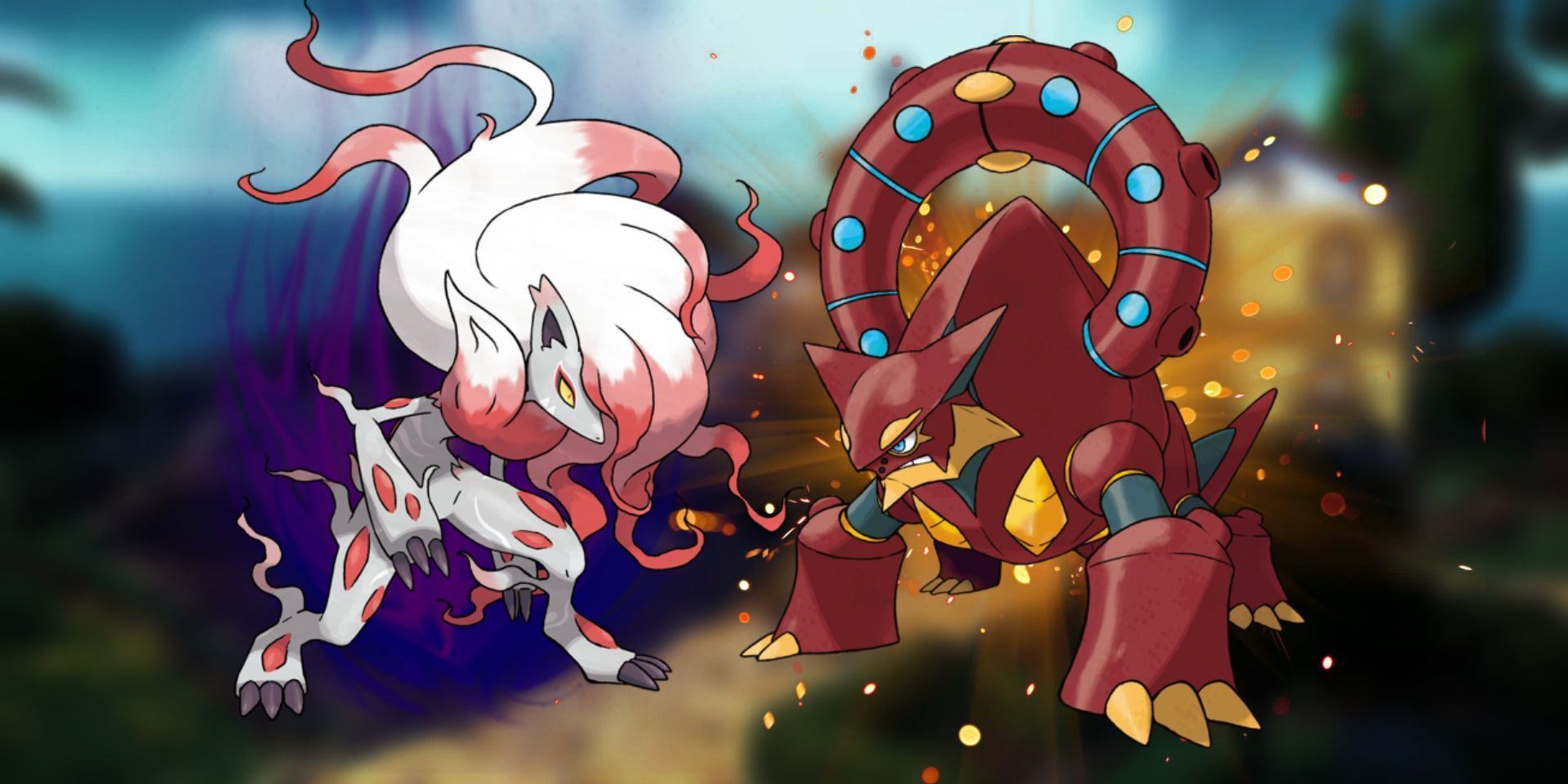 Pokemon's Zoroark and Volcanion. Zoroark has a dark energy behind it, while Volcanion has an explosion effect behind it. In the background is a blurred-out image of the Trainer's home in Paldea.