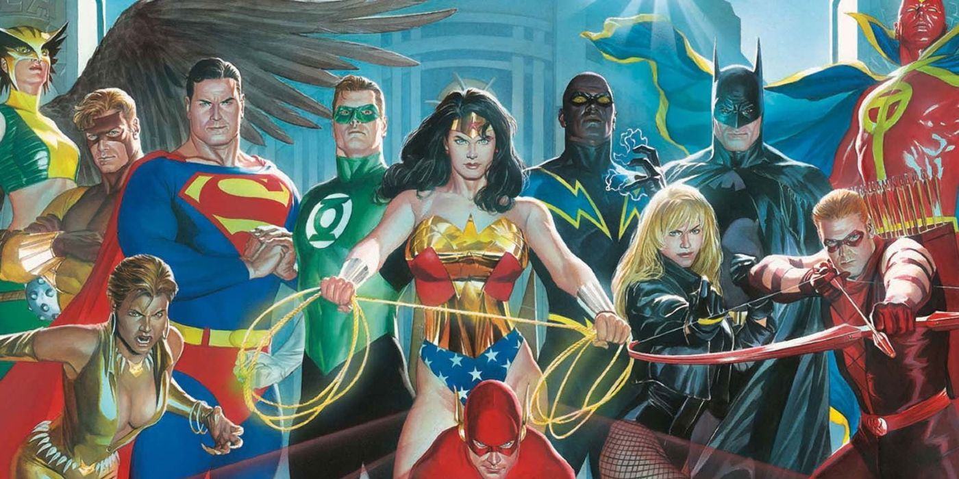 A comics line-up of DC superheroes including Superman, Green Lantern, and Wonder Woman