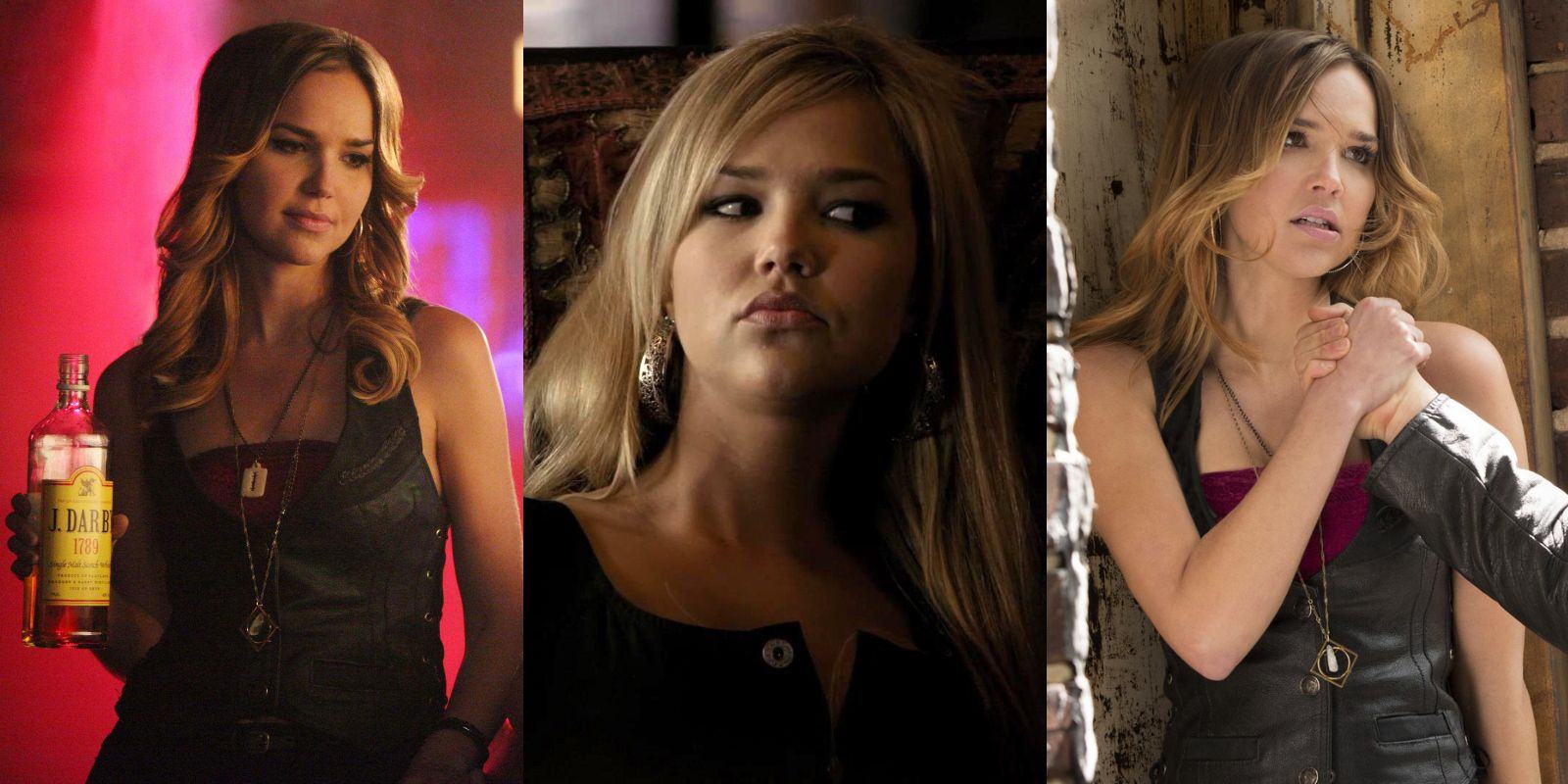Split image of Lexi with a drink, looking confused, and on the roof in The Vampire Diaries.