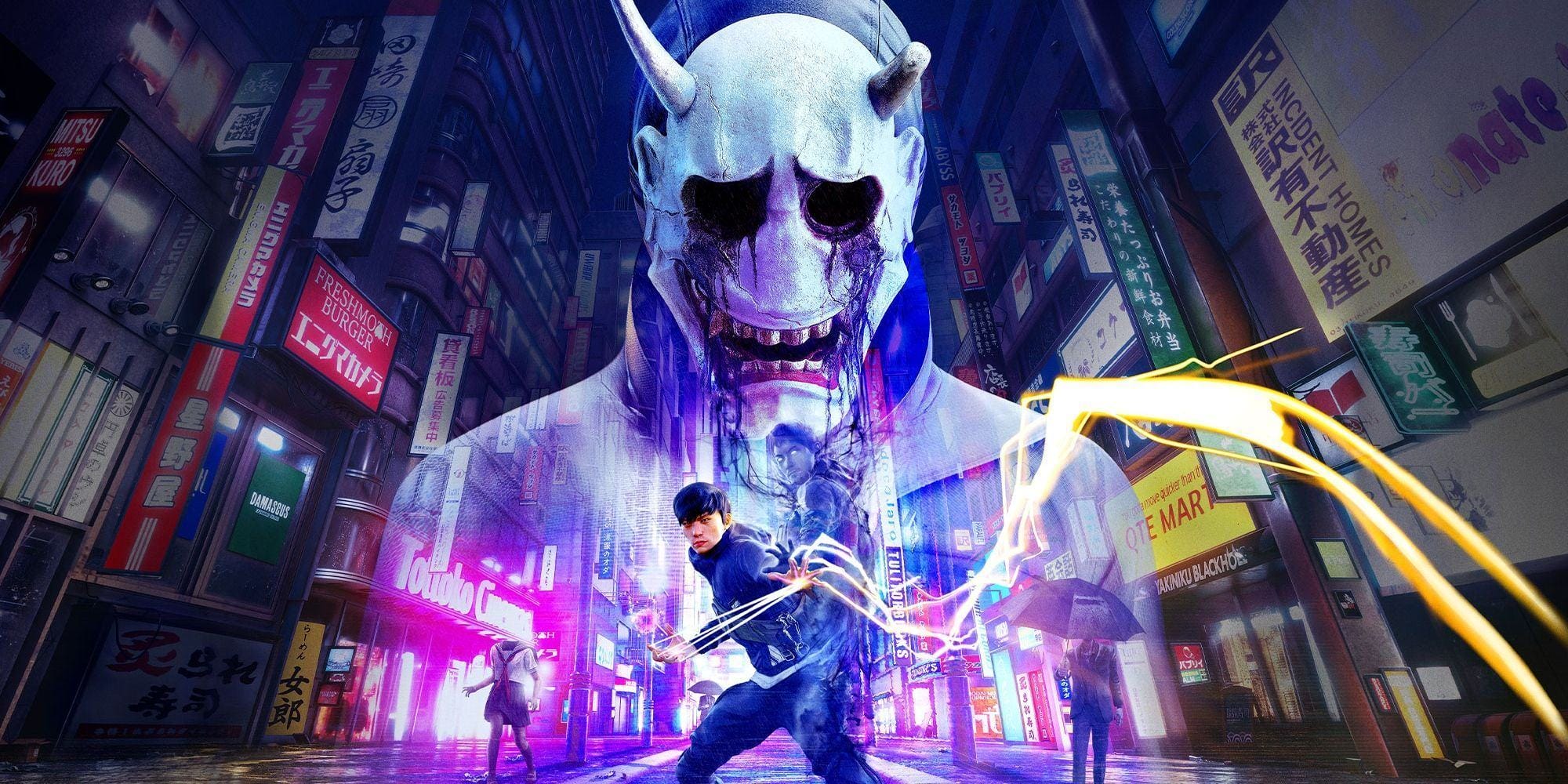 A crop of Ghostwire: Tokyo's key art, showing Hannya overlooking the neon-sign illuminated streets of Shibuya as Akito uses his abilities as a few Visitor opponents surround him.