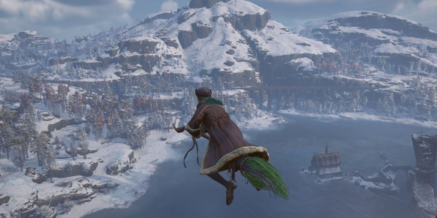 A female character in Hogwarts Legacy in the air on the Sky Scythe broom during the wintertime.