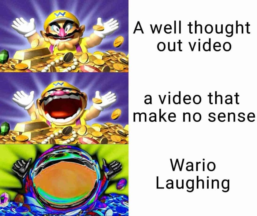 A scroll-down meme of a smiling Wario.