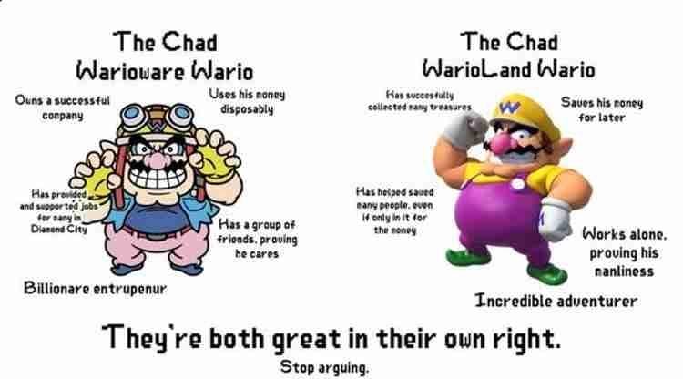 The Virgin vs Chad meme compares Wario from different games.