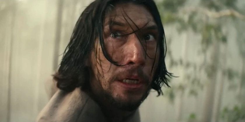 Adam Driver, 65 years old, looks terrified while soaking wet in the foggy forest