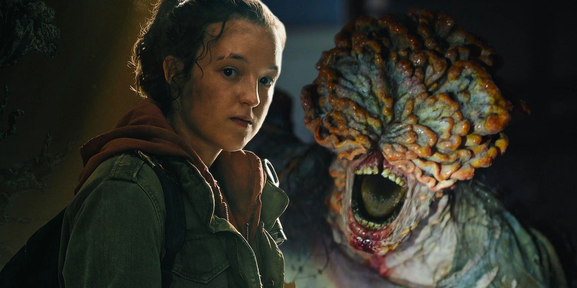 Ellie's character poster and a Clicker screaming at Ellie, Joel, and Tess from The Last of Us on HBO