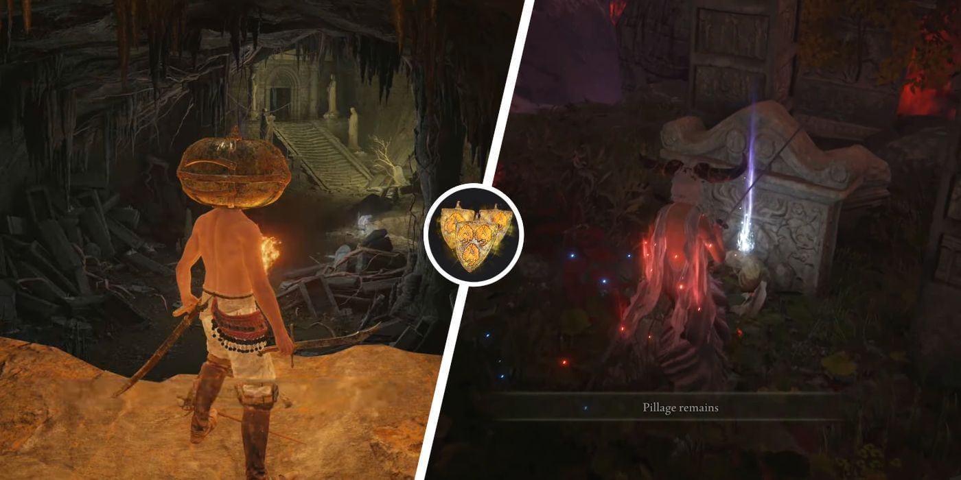 An Elden Ring player looking down at a cave next to an image of the player discovering an item on a corpse in front of a tombstone, with the Haligdrake Talisman icon in the middle.