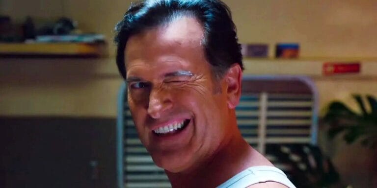Bruce Campbell winking as Ash Williams in Evil Dead