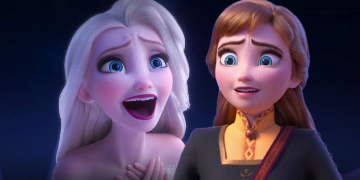 Blended image of a happy Elsa and a crying Ana from Frozen 2