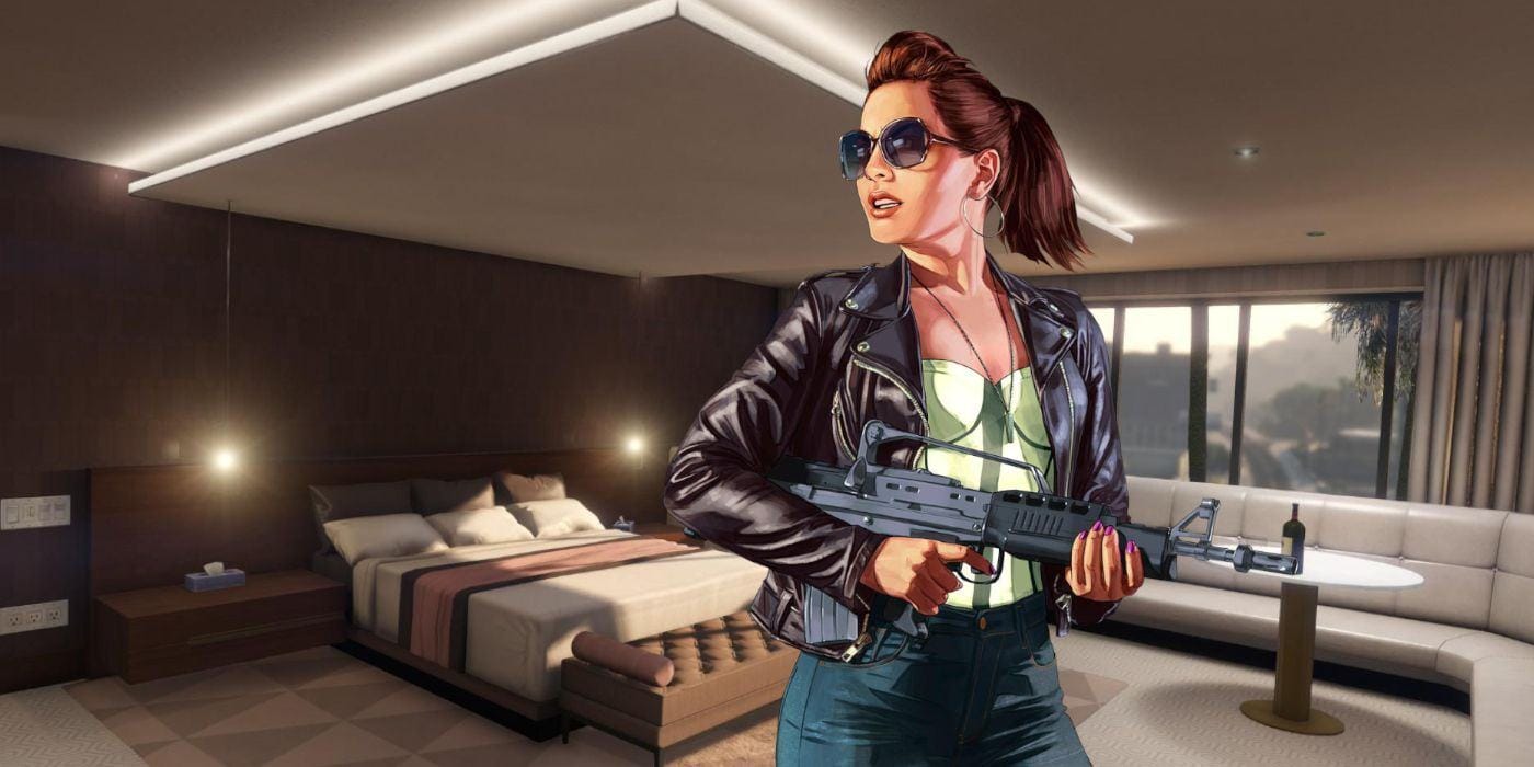 A GTA Online Character Posing in front of a bedroom from the penthouse at the casino