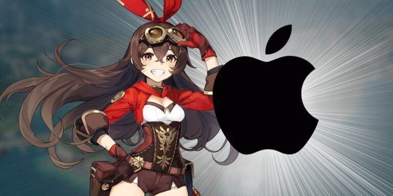 Genshin Impact's Amber poses with the Apple logo to the right. Behind it is a white backlight.