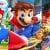 Promotional artwork for New Super Mario Bros U Deluxe, Super Mario Odyssey, and Mario Kart 8 Deluxe, in order from left to right.