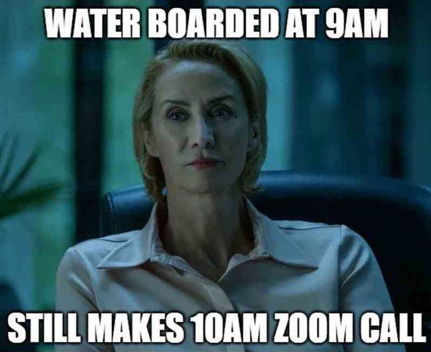 Helen from Ozark sits in a white shirt in a funny meme.