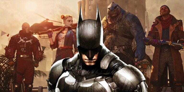 Batman in his armored suit from Arkham Knight, with the Suicide Squad from Kill the Justice League in the background