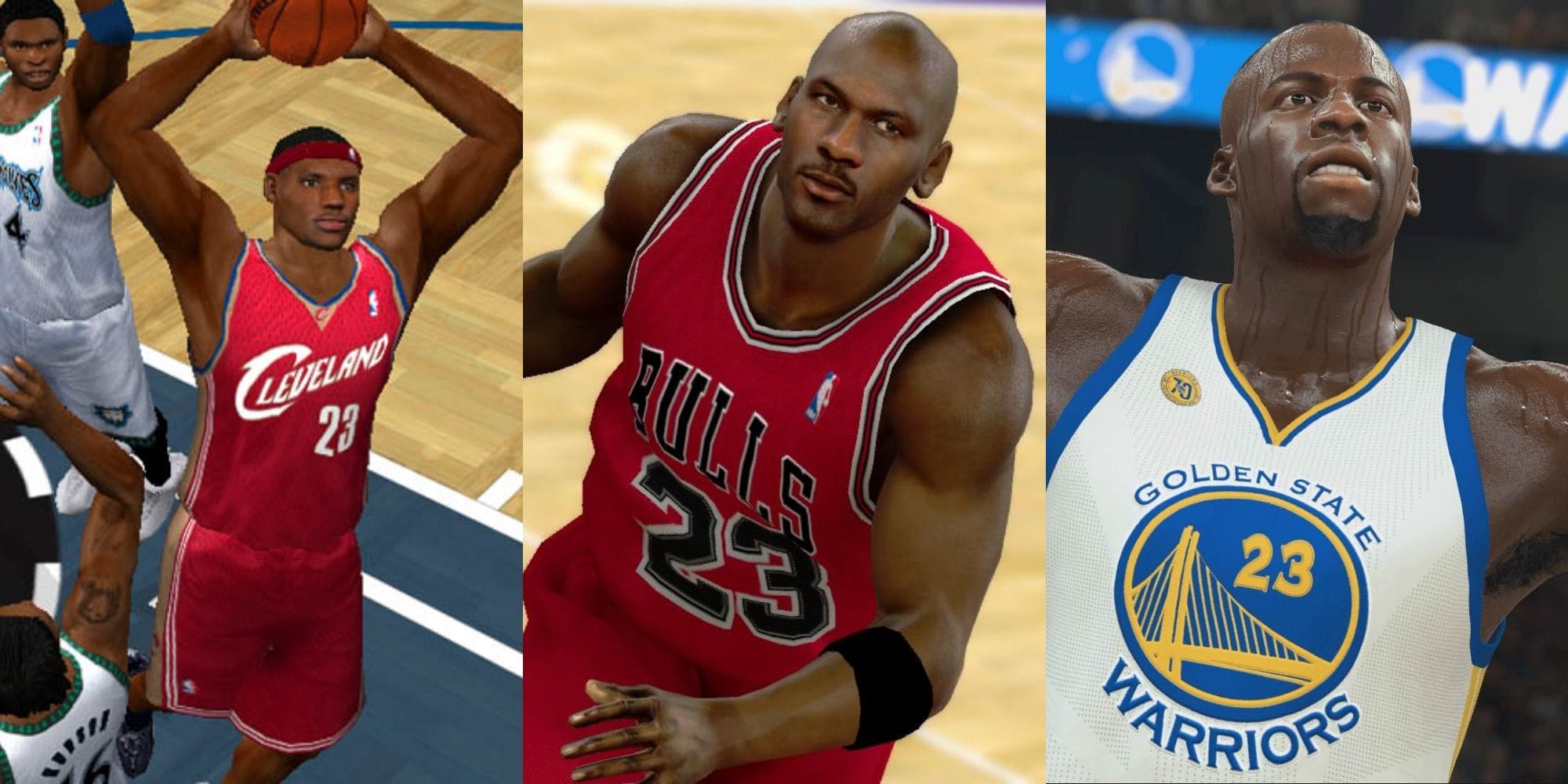 Three side by side images - LeBron James dunks/Michael Jordan dribbles/Draymond Green poses in various NBA 2K games