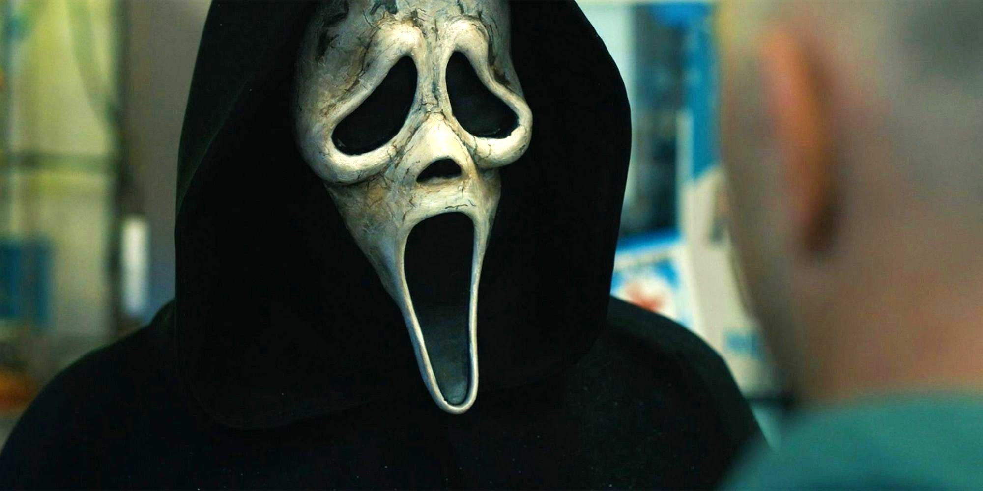 Ghostface in the Bodega in Scream 6 with cracked and dirty mask.