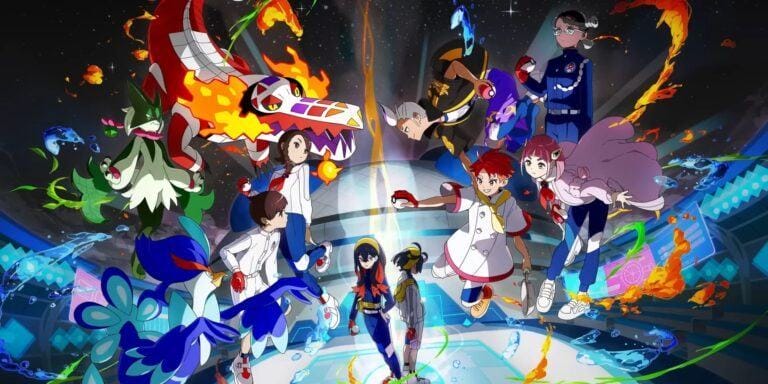 Key Art for The Indigo Disk DLC for Pokémon Scarlet and Violet, depicting several trainers and Pokémon facing off in an arena.